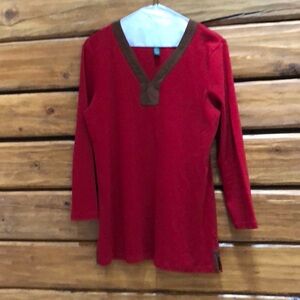 Ralph Lauren tunic top, red, with washable brown suede trim, v-neck, medium